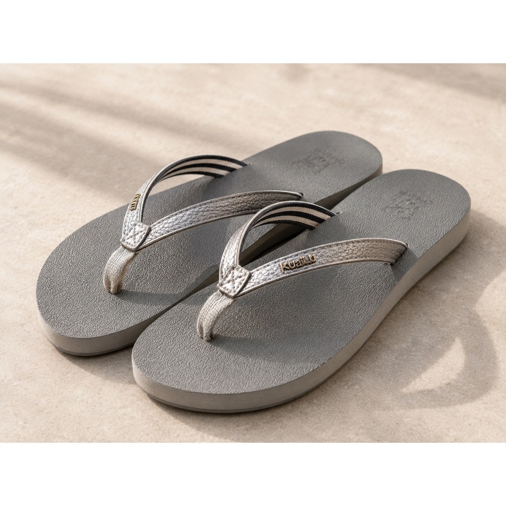 Kuailu Womens Flip Flop Sandals Silver Metallic Straps Gray Comfort Thong 10in